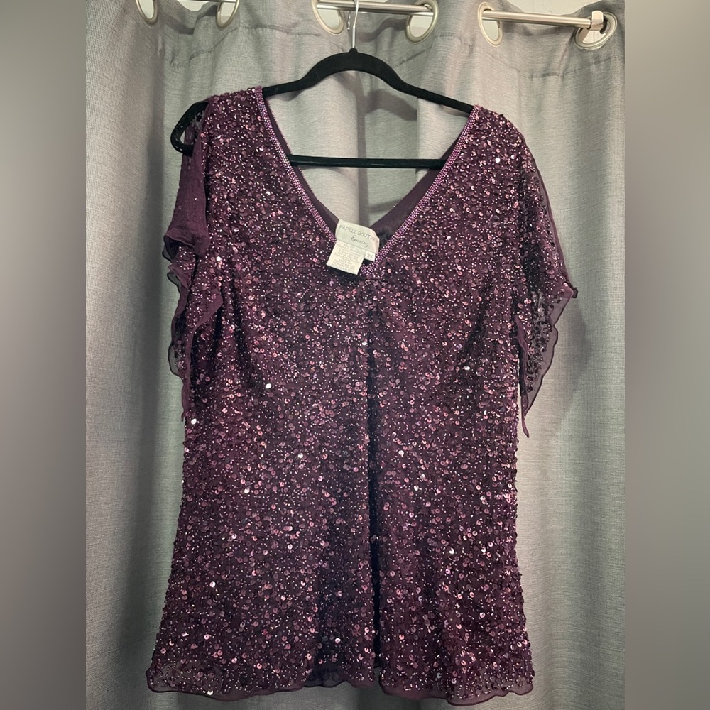 Papell Boutique Purple Sequin Flutter Sleeve Blouse